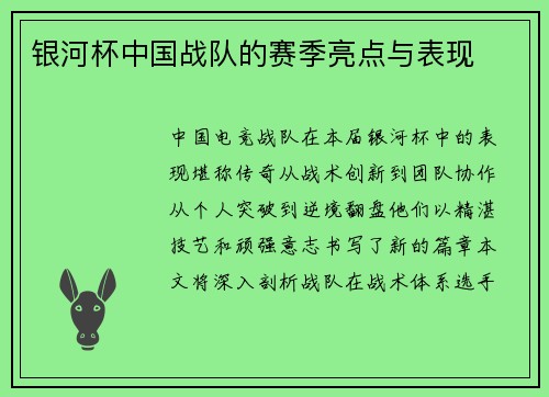 银河杯中国战队的赛季亮点与表现