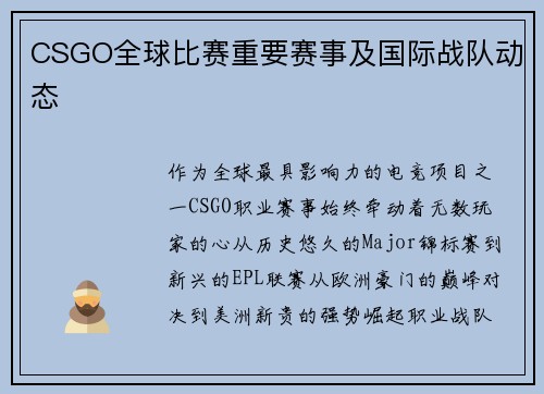 CSGO全球比赛重要赛事及国际战队动态
