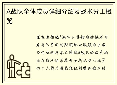 A战队全体成员详细介绍及战术分工概览