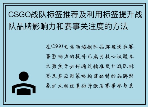 CSGO战队标签推荐及利用标签提升战队品牌影响力和赛事关注度的方法