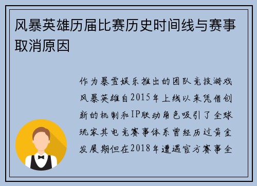 风暴英雄历届比赛历史时间线与赛事取消原因