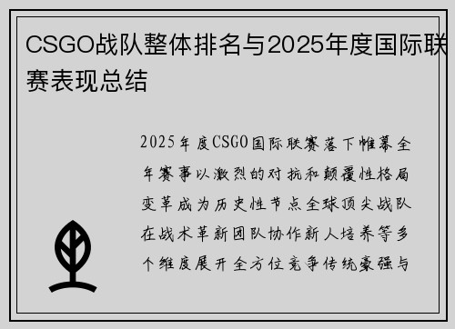 CSGO战队整体排名与2025年度国际联赛表现总结
